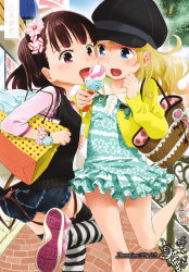 Rule 34 | 2girls, absurdres, artist name, bag, black legwear, blonde hair, blue eyes, blush, bracelet, brick, brown hair, buttons, cabbie hat, cafe, casual, day, denim, denim shorts, dress, eating, flat chest, floral print, flower, food, hair flower, hair ornament, hat, heart, heart print, highres, holding, ice cream, ice cream cone, jewelry, leg lift, licking, multiple girls, musical note, non-web source, original, outdoors, pavement, pink eyes, plaid, polka dot, sandals, scan, shared food, shoes, shopping bag, short shorts, shorts, sky, sneakers, soumatou, soumatou (mayoibashi), standing, standing on one leg, striped clothes, striped legwear, striped thighhighs, sundress, sweater vest, thighhighs, toes, tongue, tree, white legwear