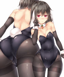 Rule 34 | 1girl, animal ears, arm at side, ass, ass focus, back, bare shoulders, black gloves, black hair, black leotard, black pantyhose, blush, breasts, cameltoe, cleavage, close-up, closed mouth, collarbone, contrapposto, covered navel, cowboy shot, detached collar, elbow gloves, from behind, gloves, groin, hair between eyes, hand up, highleg, highleg leotard, inaba tewi, legs apart, leotard, looking at viewer, multiple views, nose blush, pantyhose, playboy bunny, purple eyes, rabbit ears, rabbit girl, rabbit tail, shiny clothes, short hair, shoulder blades, simple background, skin tight, small breasts, smile, standing, strapless, strapless leotard, sugiyuu, tail, thighband pantyhose, touhou, white background, wide hips, wrist cuffs
