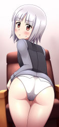 Rule 34 | 10s, 1girl, ass, blush, brave witches, brown eyes, chair, edytha rossmann, embarrassed, flat chest, from behind, gunjo, highres, looking at viewer, looking back, military, military uniform, panties, shiny skin, short hair, solo, strike witches, sweatdrop, underwear, uniform, vest, world witches series