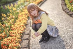 Rule 34 | 1girl, black footwear, black pantyhose, blurry, blurry background, bow, brown eyes, brown hair, closed mouth, commentary request, cosplay, cosplay photo, day, depth of field, dutch angle, flower, full body, grey sailor collar, grey shirt, grey skirt, highres, kunikida hanamaru, kunikida hanamaru (cosplay), lips, loafers, long hair, long sleeves, love live!, love live! sunshine!!, orange bow, outdoors, pantyhose, path, photo (medium), road, sailor collar, shadow, shirt, shoes, skirt, smile, solo, squatting, stone, sweater, tulip, yellow sweater