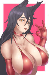 Rule 34 | 1girl, ahri (league of legends), animal ears, bikini, bikini top only, black hair, breasts, choker, cleavage, fox ears, gloves, highres, huge breasts, js (wlstjd9595), league of legends, long hair, open mouth, red bikini, red gloves, swimsuit, tongue, tongue out, yellow eyes