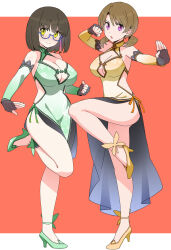 Rule 34 | :&gt;, :o, absurdres, black gloves, black hair, blue-framed eyewear, blush, breasts, china dress, chinese clothes, cleavage, clothing cutout, commentary, dress, fingerless gloves, full body, glasses, gloves, green footwear, high heels, highres, huge breasts, large breasts, legs, low twintails, mahouka koukou no rettousei, mitsui honoka, outstretched arm, purple eyes, red background, semi-rimless eyewear, shibata mizuki, side cutout, side slit, standing, standing on one leg, sumi (shibata3gb), tassel, thighs, twintails, under-rim eyewear, v-shaped eyebrows, yellow eyes, yellow footwear