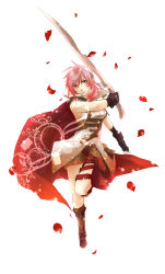 Rule 34 | 10s, 1girl, belt, boots, cape, fighting stance, final fantasy, final fantasy xiii, gunblade, legs, lightning farron, long hair, multiple belts, petasl, pink hair, red cape, simple background, skirt, solo, sword, thigh strap, thighs, weapon, white background