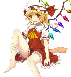 Rule 34 | 1girl, arm support, ascot, asymmetrical hair, asymmetrical wings, blonde hair, bunchou (bunchou3103), fang, flandre scarlet, hat, leg hold, looking at viewer, mob cap, open mouth, puffy short sleeves, puffy sleeves, red eyes, red shirt, red skirt, shirt, short hair, short sleeves, side ponytail, simple background, sitting, skirt, skirt set, sleeveless, sleeveless shirt, solo, touhou, white background, white shirt, wings