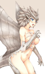 Rule 34 | 1girl, blue eyes, blush, breasts, capcom, highres, horns, kushala daora, large breasts, monster girl, monster hunter (series), nipples, nude, personification, pointy ears, short hair, silver hair, solo, tail, wings, yui.h