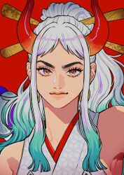 Rule 34 | 1girl, armpits, closed mouth, commentary, curled horns, earrings, eyelashes, green hair, hair ornament, hair stick, highres, hoop earrings, horns, japanese clothes, jewelry, kimono, light smile, lips, long hair, looking at viewer, multicolored hair, okada (hoooojicha), one piece, oni horns, orange eyes, parted bangs, ponytail, portrait, red background, sidelocks, signature, silver hair, simple background, sleeveless, sleeveless kimono, smile, solo, thick eyebrows, two-tone hair, v-shaped eyebrows, wavy hair, white kimono, yamato (one piece)