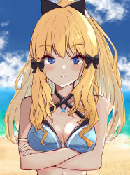 Rule 34 | 1girl, beach, blonde hair, blue eyes, blue sky, breasts, cloud, cloudy sky, day, elf, female focus, highres, looking at viewer, medium breasts, ocean, outdoors, pointy ears, ponytail, princess connect!, saren (princess connect!), sky, solo, yasushi (n0t 0t4ku)