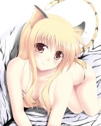 Rule 34 | 00s, 1girl, amicis, animal ears, animal print, blonde hair, blush, breasts, cleavage, fate testarossa, female focus, lyrical nanoha, mahou shoujo lyrical nanoha, mahou shoujo lyrical nanoha strikers, medium breasts, red eyes, solo, tail, tiger ears, tiger print, tiger tail