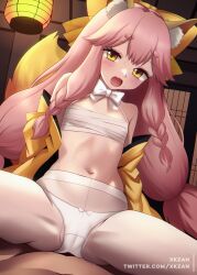 Rule 34 | 1boy, 1girl, animal ears, bare shoulders, blush, bow, bowtie, braided sidelock, breasts, breath, cameltoe, clothed female nude male, cowgirl position, crotch, dark-skinned male, dark skin, detached sleeves, fang, fate/samurai remnant, fate (series), flat chest, fox ears, fox girl, fox tail, girl on top, groin, hair between eyes, hair bow, hair ornament, hetero, highres, indoors, japanese clothes, kimono, lingerie, long hair, long sleeves, looking at viewer, low twintails, midriff, navel, nipples, nude, off shoulder, open clothes, open mouth, out of frame, panties, pantyhose, petite, pink hair, pov, revealing clothes, robe, sarashi, sex, shiny skin, sidelocks, skin fang, small breasts, solo, solo focus, spread legs, stomach, straddling, sweat, tail, tamamo (fate), tamamo aria (fate), thighs, traditional clothes, twintails, twitter username, underwear, white bow, white bowtie, white panties, white pantyhose, xkzan, yellow bow, yellow eyes, yellow kimono, yukata