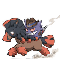 blacknirrow brown_hat closed_mouth clothed_pokemon cowboy_hat creatures_(company) dust game_freak gen_1_pokemon gen_7_pokemon gengar grin gun hat holding holding_gun holding_weapon horse mudsdale nintendo no_humans pokemon pokemon_(creature) red_eyes riding riding_pokemon simple_background smile smoke smoking_barrel teeth weapon white_background