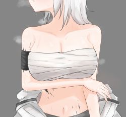 Rule 34 | 1girl, absurdres, arknights, arm under breasts, armband, bandages, bandeau, bare arms, bare shoulders, breasts, chest sarashi, cleavage, collarbone, commentary, grey background, haru (haruruniyan), head out of frame, highres, large breasts, long hair, material growth, midriff, mudrock (arknights), navel, oripathy lesion (arknights), sarashi, silver hair, simple background, solo, stomach, strapless, tube top, upper body