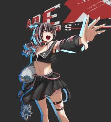 Rule 34 | 1girl, anmin naskey, apex legends, belt, belt collar, black belt, black hair, black jacket, black skirt, black sleeves, bloomers, blue eyes, blush, bra, collar, commentary request, cropped jacket, demon girl, demon horns, demon tail, detached sleeves, flat chest, flower, grey background, grey horns, hair flower, hair ornament, hair ribbon, highres, holding, horns, jacket, long hair, long sleeves, looking afar, midriff, multicolored hair, nanashi inc., navel, o-ring, o-ring thigh strap, off shoulder, oinomori may, oinomori may (1st costume), one side up, open clothes, open jacket, open mouth, pink bloomers, pink bra, pink hair, pink ribbon, pleated skirt, pointy ears, reaching, ribbon, robot, skirt, sleeveless, sleeveless jacket, solo, sugar lyric, tail, thigh strap, two-tone hair, underwear, virtual youtuber