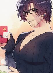 Rule 34 | 1boy, absurdres, black-framed eyewear, black hair, blue eyes, blue sweater, casual, clive rosfield, coffee mug, collarbone, commentary, cup, earrings, facial hair, facial scar, final fantasy, final fantasy xvi, glasses, gradient background, highres, holding, holding cup, jewelry, long sleeves, looking at viewer, male focus, moogle, mug, parted lips, ribbed sweater, sabotender, scar, scar on cheek, scar on face, short hair, smile, solo, sweater, upper body, v-neck, yuma (zero)