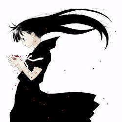 Rule 34 | 1girl, berry, black dress, black hair, cowboy shot, dress, floating hair, from side, green eyes, holding, long hair, nawoko, original, pale skin, petals, profile, short sleeves, simple background, solo, very long hair, white background, wind