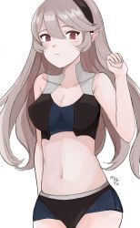 Rule 34 | 1girl, arm up, armor, armpits, artist name, artist request, bare shoulders, barefoot, black bra, black hairband, black panties, blush, bra, breasts, broken armor, cleavage, unworn clothes, collarbone, corrin (female) (fire emblem), corrin (fire emblem), embarrassed, eyelashes, feet, female focus, fingernails, fire emblem, fire emblem fates, fire emblem warriors, gameplay mechanics, hair between eyes, hair ornament, hairband, hand up, highres, intelligent systems, legs, legs together, long hair, looking at viewer, medium breasts, midriff, multicolored bra, multicolored clothes, multicolored panties, multicolored underwear, nails, navel, neck, nintendo, official alternate costume, official underwear, pale skin, panties, pointy ears, red eyes, silver hair, simple background, standing, thighs, thighs together, underwear, underwear only, white background