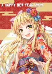 Rule 34 | 1girl, :d, bang dream!, blonde hair, blue ribbon, blush, bow, commentary request, earrings, floral print, flower, flower knot, hair bow, hair flower, hair ornament, hair ribbon, japanese clothes, jewelry, kanzashi, kimono, long hair, long sleeves, looking at viewer, michelle (bang dream!), nengajou, new year, obi, open mouth, outline, pink bow, purple flower, red flower, red kimono, ribbon, sash, smile, solo, striped bow, striped ribbon, tassel, tomo wakui, tsurumaki kokoro, upper body, white flower, white outline, wide sleeves, yellow eyes
