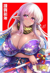 Rule 34 | 1girl, animal print, arm under breasts, arrow (projectile), blush, border, breasts, c.r., chestnut mouth, cleavage, dark-skinned female, dark elf, dark skin, elf, floral print, hair over breasts, hamaya, holding, holding arrow, japanese clothes, kimono, large breasts, long hair, looking at viewer, new year, obi, obijime, off shoulder, original, pink eyes, pointy ears, print kimono, print scarf, purple kimono, red background, sash, scarf, signature, silver hair, simple background, solo, tiger print, upper body, white border