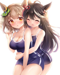 Rule 34 | 2girls, :o, ^ ^, ahoge, alternate hair length, alternate hairstyle, animal ears, bare arms, bare shoulders, between legs, black hair, blue gemstone, blue one-piece swimsuit, blush, bow, braid, breasts, brown hair, cleavage, closed eyes, collarbone, commentary, competition school swimsuit, cowboy shot, diamond (shape), ear ornament, ear ribbon, gem, green ribbon, twirling hair, hand between legs, hand up, horse ears, horse girl, hug, hug from behind, kitasan black (umamusume), legs together, looking at viewer, matching outfits, medium breasts, multicolored hair, multiple girls, nikoo, one-piece swimsuit, orange eyes, red eyes, ribbon, satono diamond (umamusume), school swimsuit, short hair, simple background, single vertical stripe, standing, streaked hair, swimsuit, thick thighs, thighs, two side up, umamusume, white background, white hair, white ribbon, wide hips