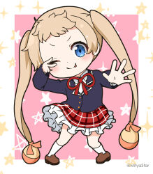 Rule 34 | 1girl, ;p, arm up, black jacket, blazer, blue eyes, brown footwear, chibi, chuunibyou demo koi ga shitai!, collared shirt, commentary request, dekomori sanae, forehead, frilled skirt, frills, full body, jacket, light brown hair, loafers, long hair, looking at viewer, mitya, neck ribbon, one eye closed, pink background, plaid, plaid skirt, red ribbon, red skirt, ribbon, school uniform, shirt, shoes, skirt, socks, solo, standing, star (symbol), tongue, tongue out, twintails, two-tone background, v-shaped eyebrows, v over eye, very long hair, white background, white shirt, white socks