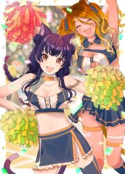 Rule 34 | 2girls, absurdres, animal ears, blurry, blurry background, blush, braid, breasts, cat ears, cat tail, cheerleader, cleavage, confetti, crop top, double bun, extra ears, hair bun, highres, holding, holding pom poms, idolmaster, idolmaster shiny colors, izumi mei, large breasts, looking at viewer, mayuzumi fuyuko, miniskirt, multiple girls, pom pom (cheerleading), pom poms, skirt, smile, tail, tanupon, twin braids, twintails