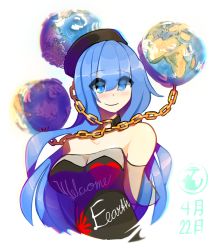 Rule 34 | 1girl, adapted costume, alternate hair length, alternate hairstyle, bare shoulders, black choker, black dress, blue eyes, blue hair, blush, breasts, chain, choker, clothes writing, dress, earth (ornament), gold chain, hair between eyes, heart, hecatia lapislazuli, hecatia lapislazuli (earth), highres, kaliningradg, large breasts, long hair, looking at viewer, multicolored clothes, multicolored dress, smile, solo, strapless, strapless dress, touhou, upper body, white background