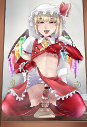 Rule 34 | 1boy, anal, anal object insertion, arm up, blonde hair, butt plug, clothes lift, colorized, crossdressing, diamond (shape), dildo, flandre scarlet, flashing, full body, genderswap, genderswap (ftm), hat, highres, lifted by self, lube, male focus, male penetrated, mole, naughty face, nicutoka, nipples, object insertion, red eyes, red neckwear, red skirt, red thighhighs, saliva, sex toy, shirt lift, shoes, short hair, sitting, sitting on object, skirt, skirt lift, solo, spread legs, squatting, testicles, thighhighs, tongue, tongue out, touhou, trap, white hat, wings
