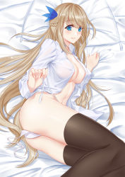Rule 34 | 1girl, 5plus, areola slip, bed sheet, black thighhighs, blonde hair, blue eyes, blush, braid, breasts, cleavage, covered erect nipples, cowboy shot, crown braid, dress shirt, hair ornament, highres, large breasts, lexington (warship girls r), long hair, long sleeves, looking at viewer, lying, navel, on side, open clothes, open shirt, panties, parted lips, pillow, removing panties, shirt, side-tie panties, solo, teeth, thighhighs, underwear, untied panties, very long hair, warship girls r, white panties, white shirt