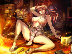 Rule 34 | 1girl, ankle wrap, anvil, arm support, bare arms, bare shoulders, blacksmith, blush, breasts, brown eyes, chain, commentary, covered erect nipples, fire, full body, geta, hammer, large breasts, loincloth, long hair, looking at viewer, original, parted lips, ponytail, red hair, revealing clothes, sandals, sideboob, sitting, solo, spread legs, suoni (deeperocean), sweat, wet, wet clothes, wiping forehead, wiping sweat