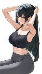 1girl a5235 adjusting_hair alternate_costume alternate_hairstyle arms_behind_head artist_name black_hair black_sports_bra breasts cleavage death_hammer_chouloky gradient_hair green_eyes green_hair grey_pants hair_tie_in_mouth highres invisible_chair large_breasts midriff mouth_hold multicolored_hair pants simple_background sitting solo sports_bra teardrop_facial_mark tying_hair virtual_youtuber waktaverse white_background yoga_pants