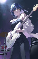 Rule 34 | 1girl, absurdres, bare shoulders, bass guitar, black camisole, black pants, blue hair, bocchi the rock!, breasts, camisole, collarbone, commentary, drum, drum set, fender precision bass, floating hair, hair ornament, hairclip, halterneck, highres, holding, holding instrument, instrument, jacket, long sleeves, looking at viewer, medium breasts, mole, mole under eye, music, off shoulder, open clothes, open jacket, open mouth, pants, playing instrument, ryo e, short hair, solo, white jacket, yamada ryo, yellow eyes