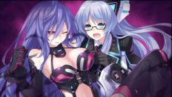 Rule 34 | 10s, 2girls, angry, bdsm, blue eyes, bondage, bound, breasts, cleavage, female focus, glasses, iris heart, kiseijou rei, large breasts, long hair, multiple girls, neptune (series), official art, one eye closed, open mouth, pain, plugsuit, purple hair, pururut, red eyes, silver hair, symbol-shaped pupils, tsunako, wince
