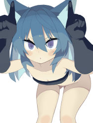 Rule 34 | 1girl, animal ears, bandeau, bare shoulders, black bandeau, black gloves, blue hair, blush stickers, bottomless, breasts, cleavage, collarbone, commentary request, elbow gloves, gloves, groin, hair between eyes, horns pose, long hair, navel, original, pappii (paprika shikiso), paprika shikiso, parted lips, purple eyes, simple background, small breasts, solo, standing, very long hair, white background