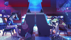 Rule 34 | 1boy, 1girl, ;d, arcade, arcade cabinet, armor, bad id, bad pixiv id, bodysuit, broken glass, brown eyes, brown hair, character name, clothes writing, commentary request, crossed legs, d.va (overwatch), defeat, emblem, full body, genji (overwatch), glass, glowing, grin, hage2013, headset, hologram, indoors, long hair, one eye closed, open mouth, overwatch, overwatch 1, pachimari, playing games, poster (object), power armor, prostration, rabbit, sitting, smile, spread legs, stool, stuffed toy, tile floor, tiles, turnip, v