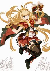 Rule 34 | 10s, 1girl, black footwear, black thighhighs, blonde hair, blue eyes, book, boots, bracelet, cagliostro (granblue fantasy), cape, dragon, granblue fantasy, hairband, holding, holding book, jewelry, long hair, open book, open mouth, red skirt, simple background, skirt, so-bin, solo, spikes, thighhighs, very long hair, white background, zettai ryouiki