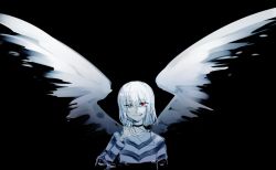 Rule 34 | 1boy, accelerator (toaru majutsu no index), angel wings, bad id, bad twitter id, black background, black choker, choker, commentary, english commentary, hand up, highres, long sleeves, looking at viewer, male focus, red eyes, sanpaku, shirt, simple background, smile, striped clothes, striped shirt, toaru majutsu no index, tsu (lovesick1964), upper body, white wings, wings