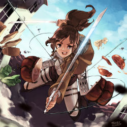 Rule 34 | 1girl, bread, brown eyes, brown hair, cable, cheese, dual wielding, food, highres, holding, jacket, junkpuyo, lettuce, meat, ponytail, sasha blouse, shingeki no kyojin, smile, solo, sword, three-dimensional maneuver gear, tomato, weapon