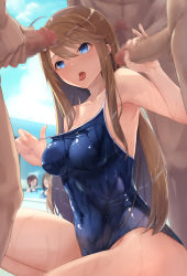 Rule 34 | 3boys, 3girls, ahoge, akino komichi, armpits, bare arms, bare shoulders, blue eyes, blue one-piece swimsuit, blurry, blurry background, blush, breasts, brown hair, censored, clothed female nude male, clothed sex, cloud, collarbone, commentary request, competition school swimsuit, covered navel, day, erection, faceless, faceless female, fingernails, group sex, hair between eyes, handjob, hands up, hetero, highres, idolmaster, idolmaster million live!, long hair, looking at another, medium breasts, mosaic censoring, multiple boys, multiple girls, multiple penises, nude, one-piece swimsuit, open mouth, outdoors, partially submerged, penis, pool, public indecency, pulling own clothes, school swimsuit, solo focus, squatting, standing, strap pull, swept bangs, swimsuit, teeth, tokoro megumi, tongue, tongue out, upper teeth only, water, wet, wet clothes, wet swimsuit