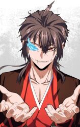 Rule 34 | 1boy, ahoge, black pants, black tunic, blue eyes, brown hair, fan zhuo, hands up, long hair, looking at viewer, magic emperor, open mouth, pants, red eyes, red tunic, simple background, smile, two-tone tunic, white background
