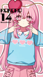 Rule 34 | 1girl, alternate costume, blue nails, blue sweater, blush, character name, circle, closed mouth, clothes writing, collared shirt, contemporary, cowboy shot, cross, double v, expressionless, hair between eyes, hata no kokoro, heart, highres, kyouda suzuka, long hair, long sleeves, looking at viewer, mask, mask on head, nail polish, outline, pink background, pink eyes, pink hair, pink nails, pocket, shirt, simple background, solo, square, standing, star (symbol), sweater, symbol-shaped pupils, touhou, twitter username, v, white outline, wide sleeves
