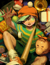 Rule 34 | 1boy, baseball, baseball bat, baseball cap, black hair, blue eyes, bow, doseisan, gift, hair between eyes, handsome tom, hat, holding, looking to the side, male focus, mokorobi, mother (game), mother 2, ness (mother 2), nintendo, object on head, puppet, red bow, red footwear, red headwear, shirt, shoes, short hair, short sleeves, shorts, sitting, sneakers, socks, striped clothes, striped shirt, stuffed animal, stuffed toy, teddy bear, toy block, toy robot, ufo, white socks, yo-yo