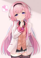 Rule 34 | 1girl, arm behind back, armband, black skirt, black thighhighs, blazer, blush, bow, bowtie, closed mouth, commentary request, hairband, head tilt, heart, highres, index finger raised, jacket, long hair, long sleeves, looking at viewer, low twintails, nijisanji, open clothes, open jacket, pink hair, plaid, plaid bow, plaid bowtie, plaid neckwear, pleated skirt, purple eyes, red bow, red bowtie, silhouette, skirt, smile, solo, spoken heart, suo sango, thighhighs, toriniku (selene1050), twintails, very long hair, virtual youtuber, zettai ryouiki