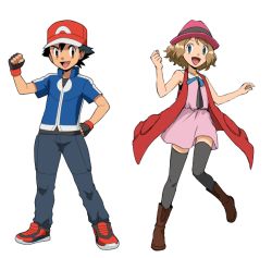 Rule 34 | 1boy, 1girl, :d, ash ketchum, baseball cap, black gloves, black hair, blue eyes, blue jacket, blue ribbon, boots, brown eyes, brown footwear, clenched hand, creatures (company), eyelashes, fingerless gloves, full body, game freak, gloves, hand on own hip, hands up, happy, hat, jacket, knees, legs apart, light brown hair, neck ribbon, nintendo, open mouth, pants, pink headwear, pokemon, pokemon (anime), pokemon xy (anime), red footwear, red headwear, ribbon, sekka koyori, serena (pokemon), shirt, shoes, short hair, short sleeves, simple background, sleeveless, smile, spiked hair, standing, thighhighs, tongue, turtleneck, turtleneck jacket, white background