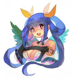 Rule 34 | 1girl, blue hair, breasts, cleavage, cleavage cutout, clothing cutout, cropped torso, dizzy (guilty gear), guilty gear, guilty gear xrd, hair ribbon, hand up, highres, large breasts, long hair, looking at viewer, open mouth, red eyes, ribbon, sidelocks, solo, twintails, upper body, white background, wings, yellow ribbon, yohane shimizu