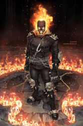 Rule 34 | 1boy, burning, chain, chain whip, copyright request, fire, flaming skull, full body, ghost, ghost rider, ghost rider (series), gloves, highres, holding, in-hyuk lee, jacket, leather, leather jacket, male focus, marvel, official art, pants, skull, solo, spikes, weapon, western comics (style)