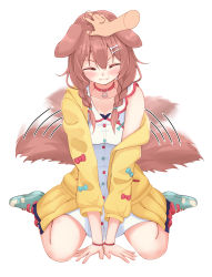 Rule 34 | 1girl, :3, ^ ^, absurdres, afterimage, animal ears, bare legs, bare shoulders, blue bow, blue footwear, blush, bone hair ornament, bow, braid, breasts, brown hair, closed eyes, closed mouth, collar, collarbone, disembodied limb, dog ears, dog girl, dog tail, facing viewer, full body, hair ornament, headpat, highres, hololive, inugami korone, inugami korone (1st costume), jacket, long hair, medium breasts, motion lines, nyoon, off shoulder, open clothes, open jacket, red bow, shirt, simple background, sitting, smile, solo, tail, tail wagging, twin braids, v-shaped eyebrows, virtual youtuber, wariza, white background, white shirt, wristband, yellow jacket