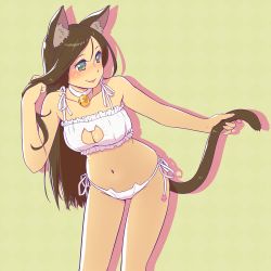Rule 34 | 1girl, animal ears, bare shoulders, bell, blush, breasts, brown hair, cat cutout, cat ear panties, cat ears, cat lingerie, cat tail, checkered background, choker, cleavage, cleavage cutout, clothing cutout, fukusuke hachi-gou, green eyes, jingle bell, leaning forward, lips, long hair, medium breasts, meme attire, navel, neck bell, original, panties, shadow, side-tie panties, smile, solo, standing, tail, underwear, underwear only
