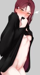 Rule 34 | 1girl, ^^^, absurdres, black cloak, blush, breasts, cloak, covering own mouth, cowboy shot, grey background, highres, long hair, looking at viewer, love live!, love live! sunshine!!, naked cloak, nasuno (nasuno42), navel, orange eyes, red hair, sakurauchi riko, simple background, small breasts, solo, standing, tears, underboob