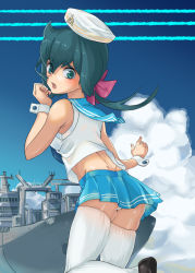 Rule 34 | 1girl, blue eyes, blue hair, blue skirt, blush, breasts, cloud, cloudy sky, constanze amalie von braunschbank-albrechtsberger, dress, hair ornament, hair ribbon, hat, little witch academia, long hair, looking at viewer, looking back, miniskirt, open mouth, panties, pantyshot, ponytail, ribbon, rozen110, sailor dress, sailor hat, shiny skin, ship, skirt, sky, small breasts, solo, standing, thighhighs, underwear, watercraft, white panties, white thighhighs