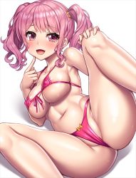Rule 34 | 1girl, :d, anus, anus peek, areola slip, bang dream!, bare arms, bare legs, bare shoulders, bikini, blush, bow, bow bikini, breasts, cameltoe, collarbone, covered erect nipples, feet out of frame, finger to mouth, front-tie bikini top, front-tie top, hair bow, hand on own knee, hand up, lambda (kusowarota), looking at viewer, lying, maruyama aya, medium breasts, micro bikini, navel, on side, open mouth, partially visible vulva, pink bikini, pink eyes, short hair, sidelocks, simple background, skindentation, smile, solo, spread legs, stomach, string bikini, swimsuit, twintails, white background, yellow bow