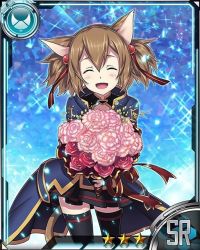 Rule 34 | 10s, 1girl, animal ears, black skirt, black thighhighs, bouquet, card (medium), cat ears, cat tail, closed eyes, flower, hair ribbon, holding, holding bouquet, open mouth, pink flower, pleated skirt, red flower, red ribbon, ribbon, silica, silica (sao-alo), skirt, solo, sword art online, tail, thighhighs, zettai ryouiki